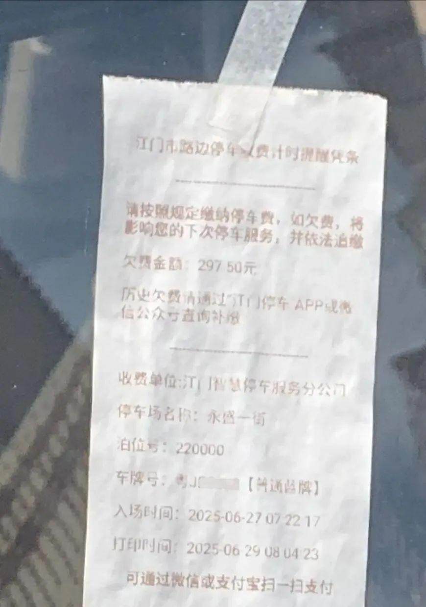 收费计时提醒凭条上显示，该车已欠费近300元。图/记者陈卓栋摄