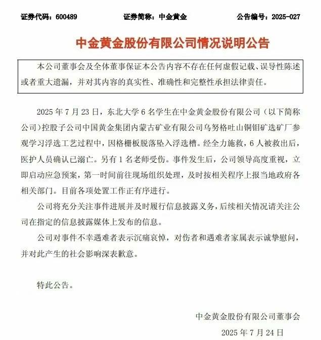  中金黄金发布的通告