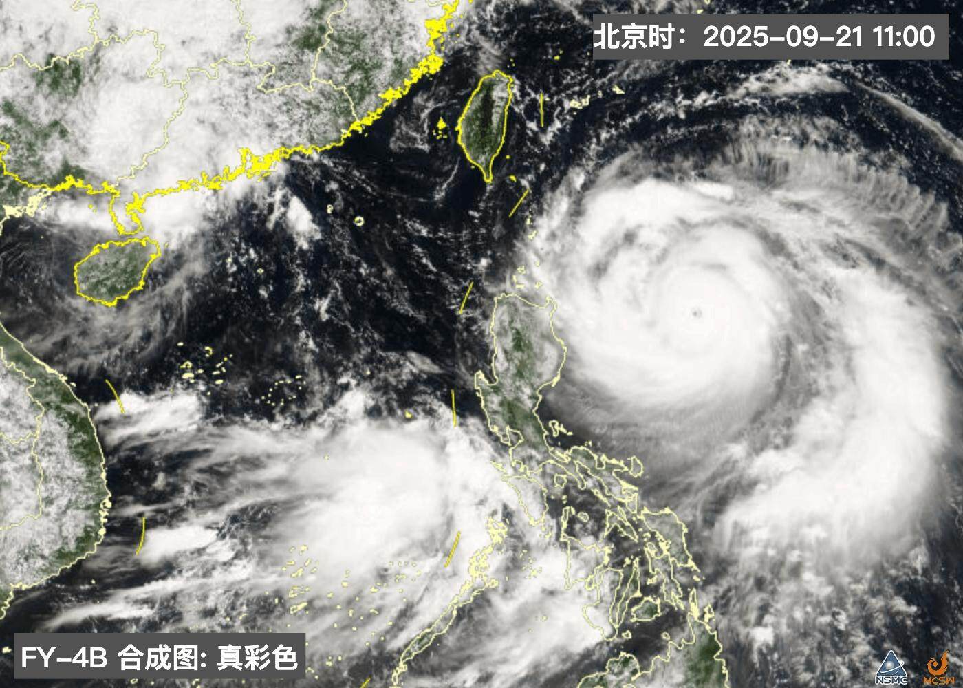 9月21日11时,台风“桦加沙”的卫星影像。国家卫星气象中心风云四号卫星天气应用平台截图