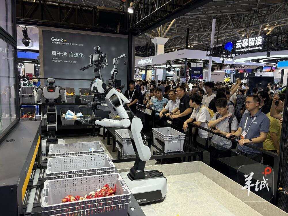 专业观众驻足观看人形机器人完成搬箱、拣选等任务。羊城晚报记者 王丹阳 摄 专业观众驻足观看人形机器人完成搬箱、拣选等任务。羊城晚报记者 王丹阳 摄